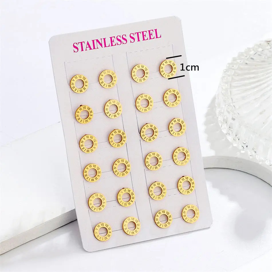 12 Pairs Pack Stainless Steel Round Shape Cubic Zircon Roman Numeral