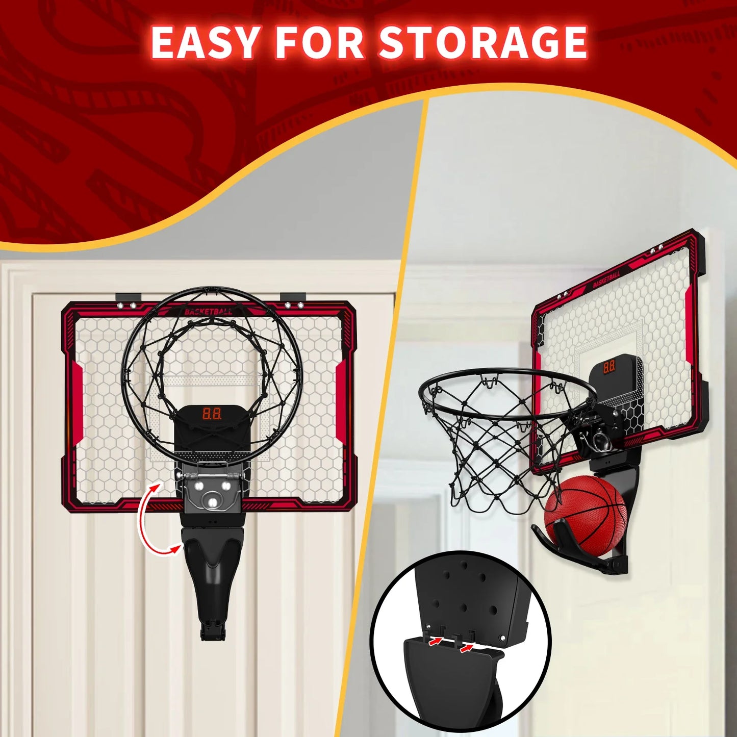 Mini Indoor Basketball Hoop with 7 LED Lights Scoreboard 3 Play Modes Adjustable Volume over Door Foldable for Kids Adults