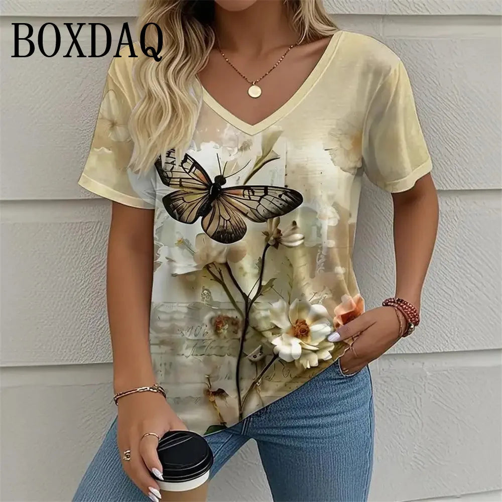 Plant Flowers 3D Print T Shirt For Women 2025 Summer Retro Short Sleeve Shirts Casual Tie Dye Butterfly Loose Plus Size Tops 8XL