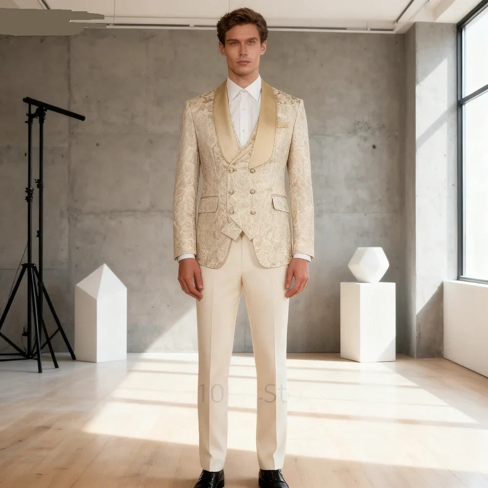 Champagne Jacquard 3-Piece Men's Formal Smoking Suit with Shaw Lapel