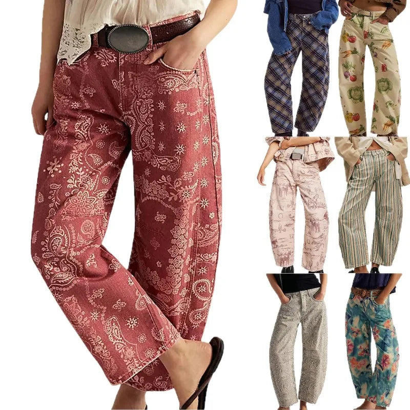 New Spring and Autumn Women's Loose Denim Flower Print Denim Pants Wide-leg Pants