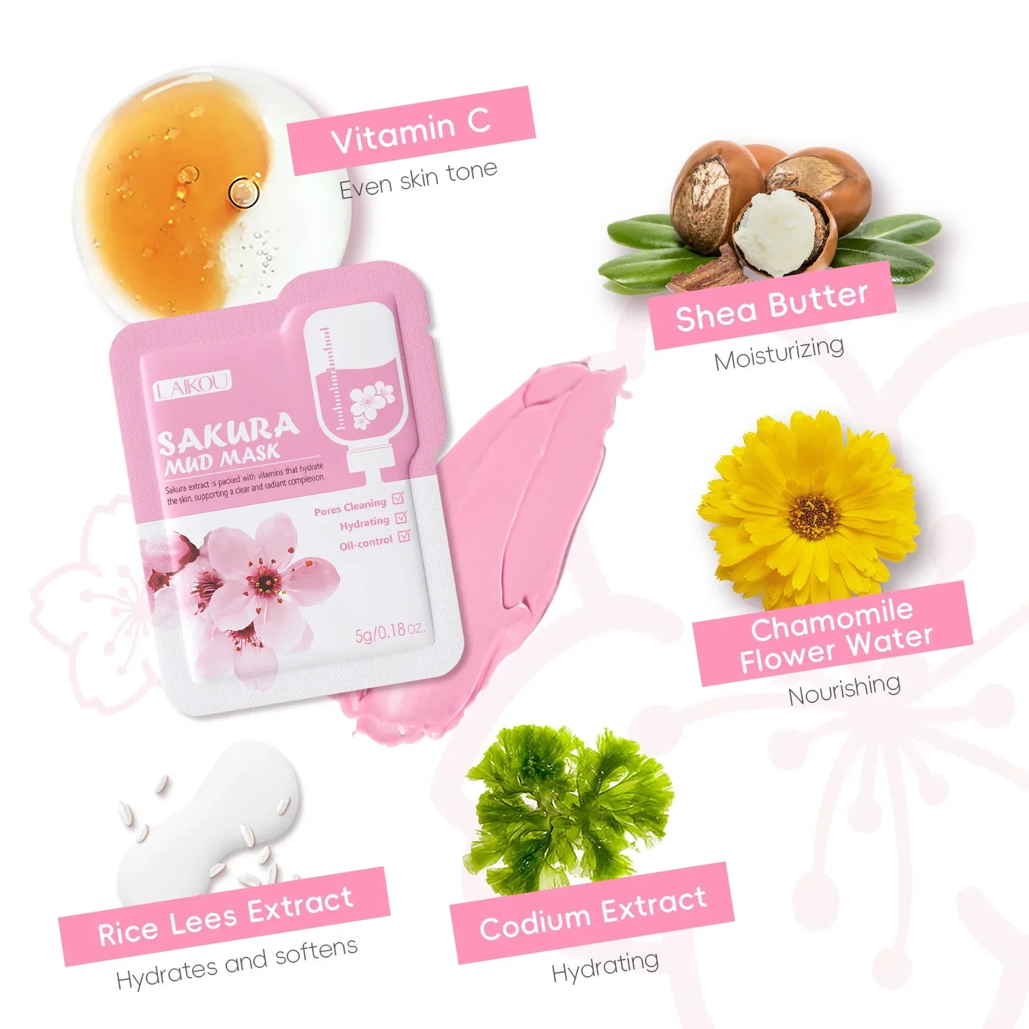 LAIKOU Japan Sakura Clay Mud Mask Hydrating Gentle Cleansing Refreshing Oil Balancing Daily Facial Skin Care Mask 5g