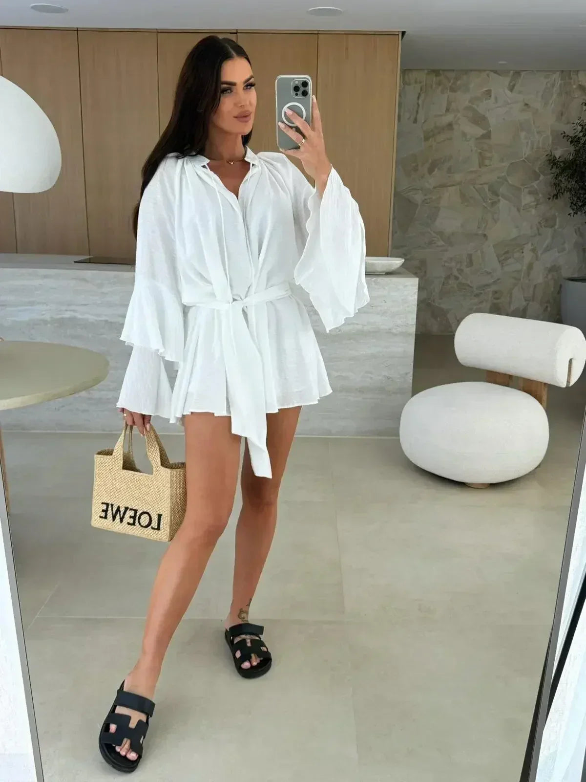 Elegant Fold Dress Women Brown Deep V-neck Long Sleeve Mini Dresses Female 2025 Spring Summer Fashion Loose Lady Vestidos