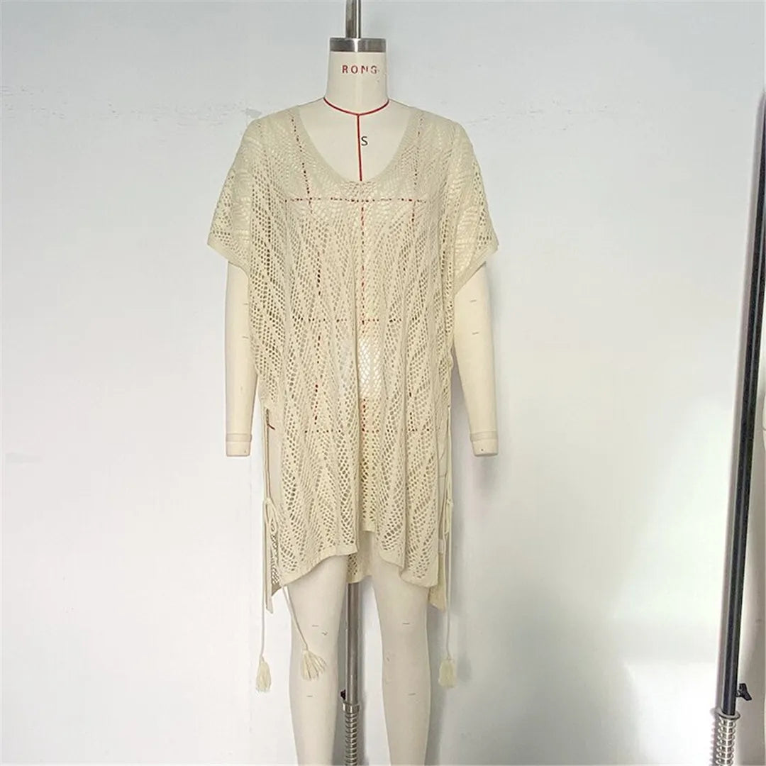 Sexy Short Sleeve Hollow Out Crochet Knitted Tunic Beach Cover Up Cover-ups Beach Dress Beach Wear Beachwear Female Women K6686
