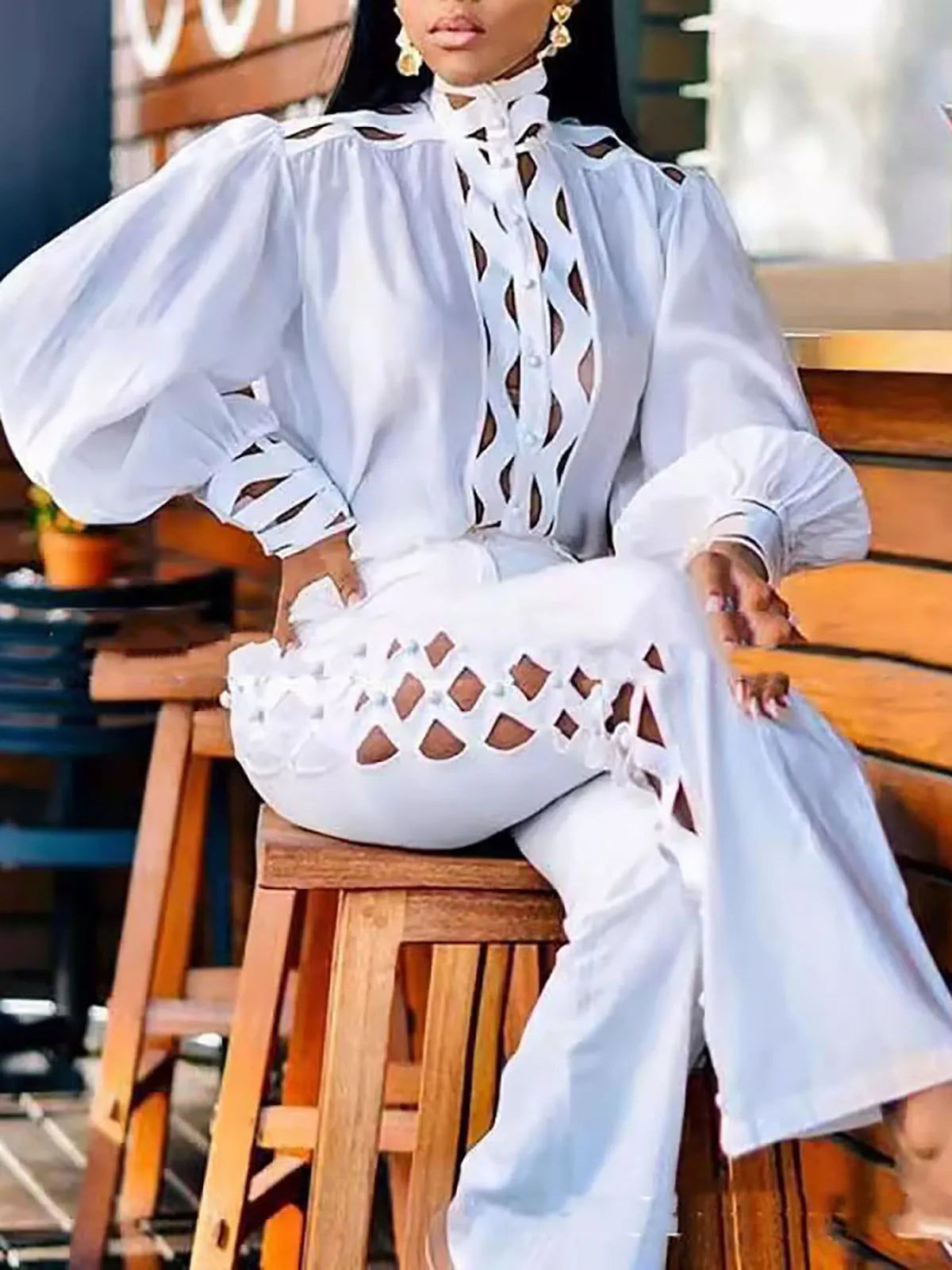 Plus Size Women's Elegant Two-Piece Set Ruffle Shirt White Long Sleeve Solid Blouse And Straight Side Hollow Out Long Pant Sets
