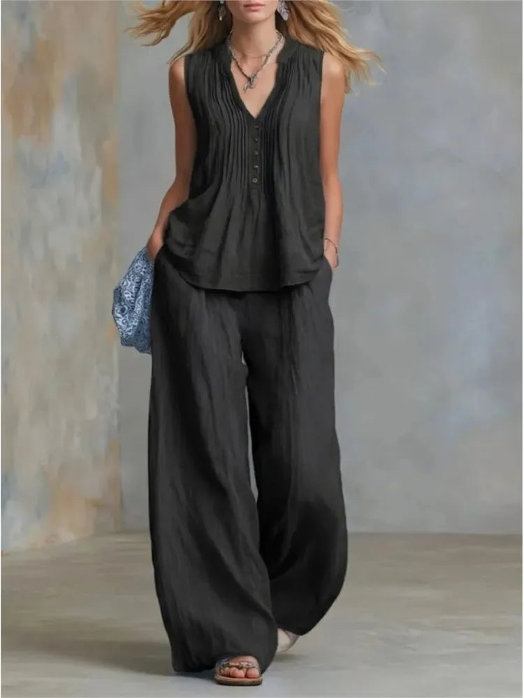 Fashion Pleated V-neck Sleeveless Women's Tops 2-piece Summer Casual Loose Wide-leg Trousers Female Elegant Office Trousers Set