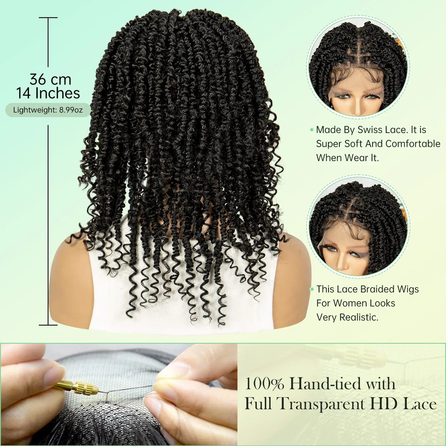 14Inch Full Lace Braided Wigs Synthetic Lace Frontal Twisted Braids Wigs with Baby Hair Knotless Box Braids Wig for Black Women
