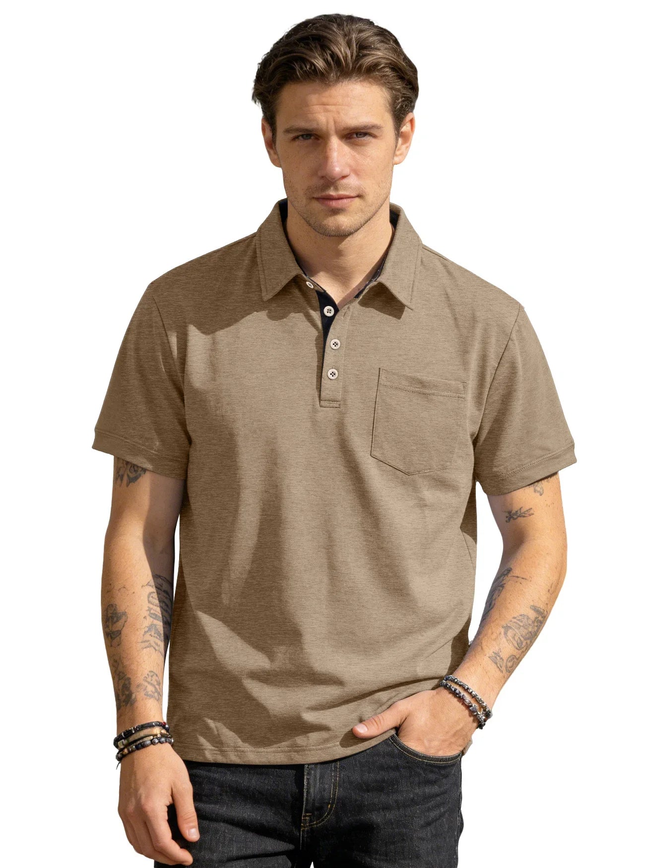 Men's Casual Business Polo Shirt Lapel Collar Chest Pocket Loose Short Sleeve Summer Daily Wear 2026 Summer New Men's Polo Shirt