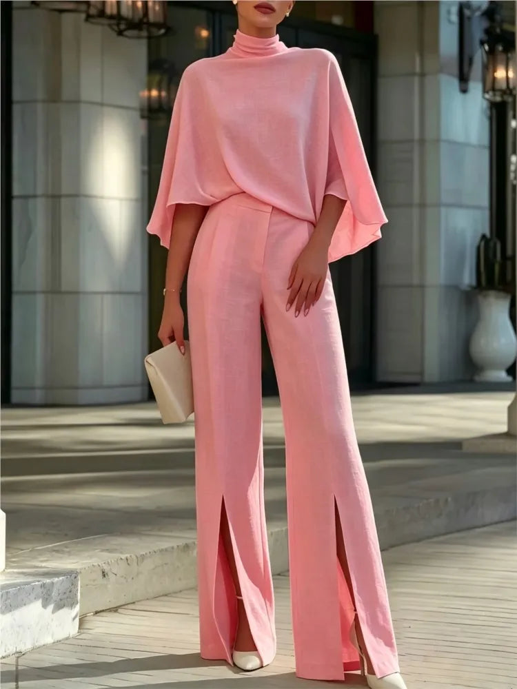 Autumn Women's Half Turtleneck Shawl Top Fashion Slit Wide Leg Trousers 2piece Suit Elegant Slim Fit Female Office Trousers Suit