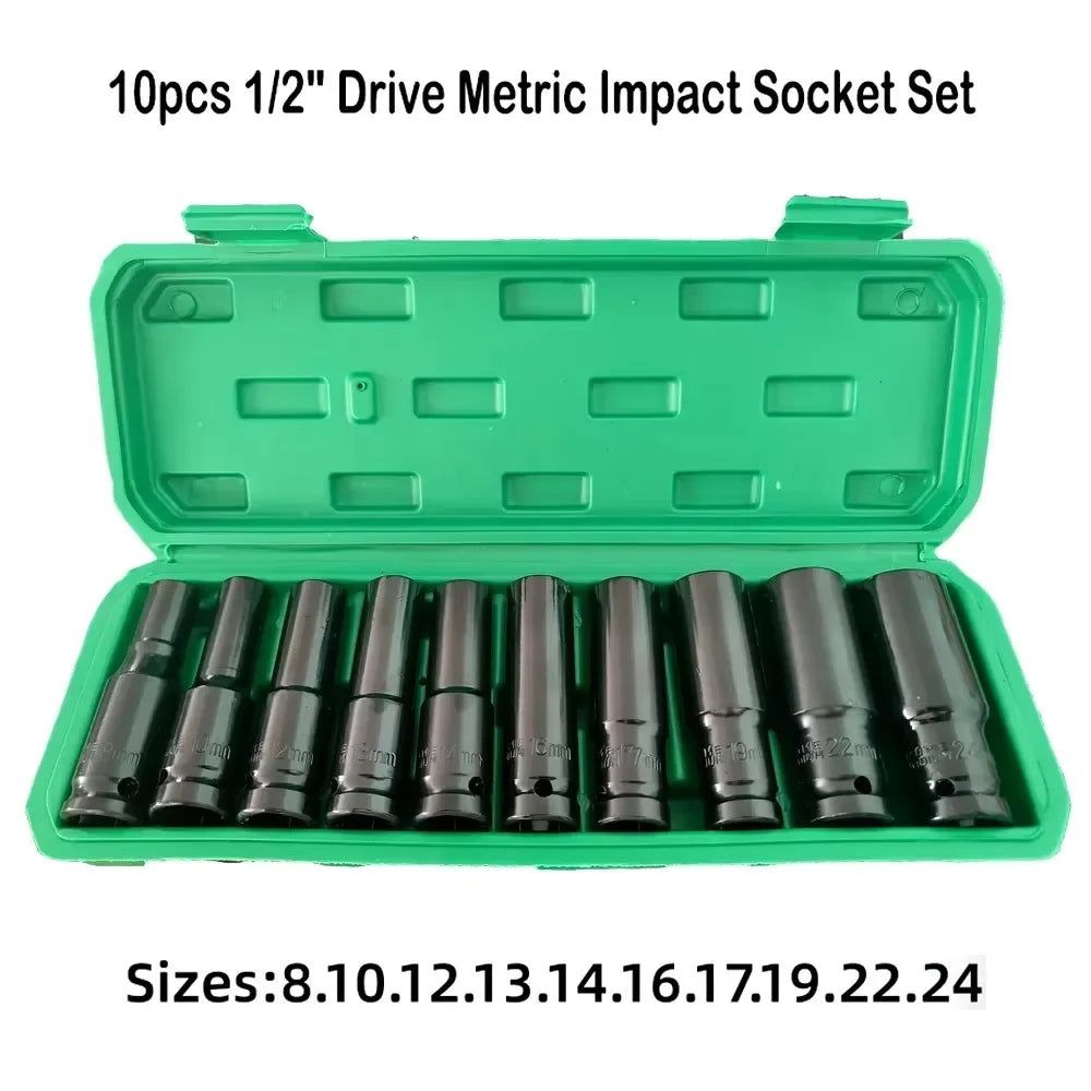 10pcs 1/2 Drive Metric Heavy Duty Impact Socket Set Universal Deep Wrench Sockets for Pneumatic Air Repair Manual Tools