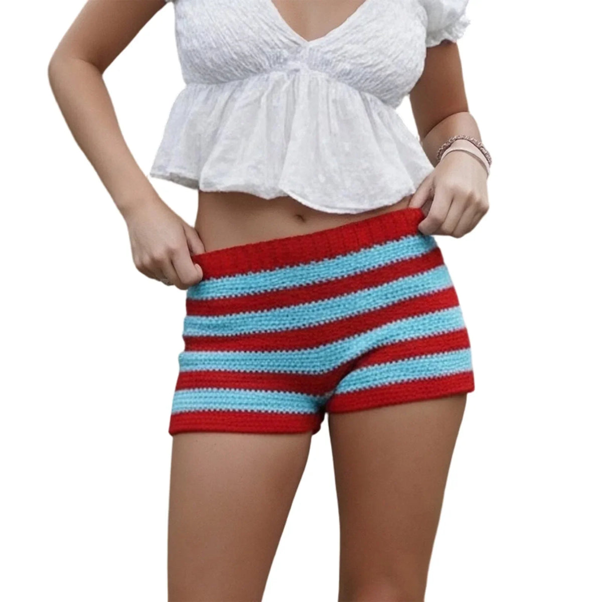 Women Spring Summer Fashion Low Waist Mini Shorts Holiday Beach Knit Shorts Stripes Print Stretchy Shorts