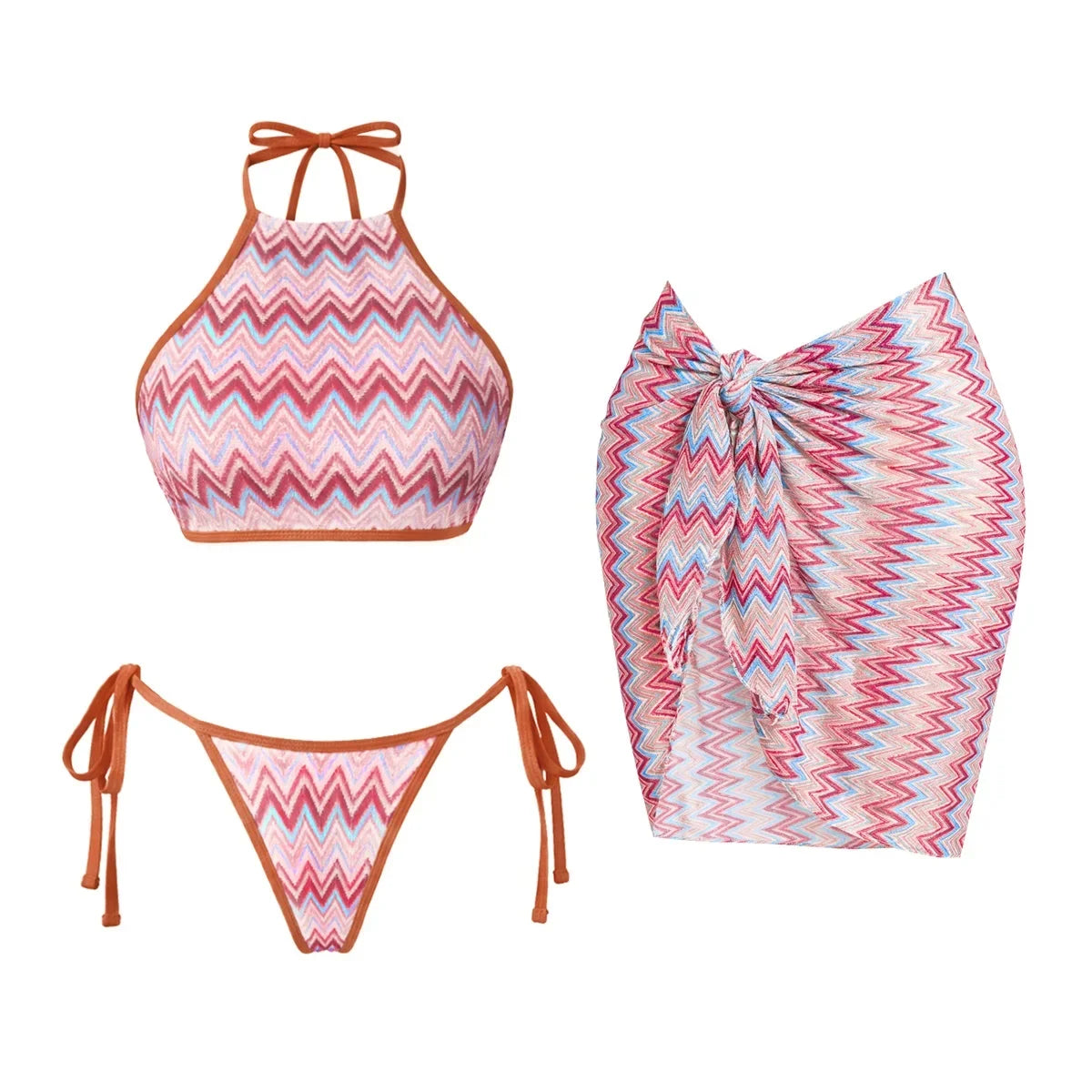 3Pcs Striped Bikini 2026 Bandeau Biquini Women Sexy Swimsuit Push Up Swimwear Female Mesh Pants Bathing Suit Cover Up Beachwear