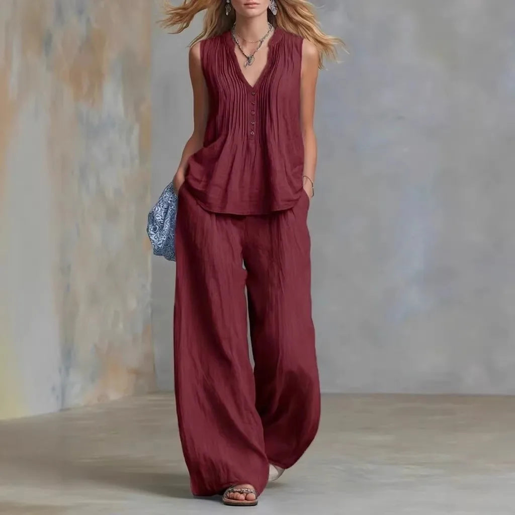 Women's Pullover Blouse And Pants Two-piece Set Women's V-Neck Vest Top Summer Suit Elastic Waist Trousers Lady Sets Outfit 2026