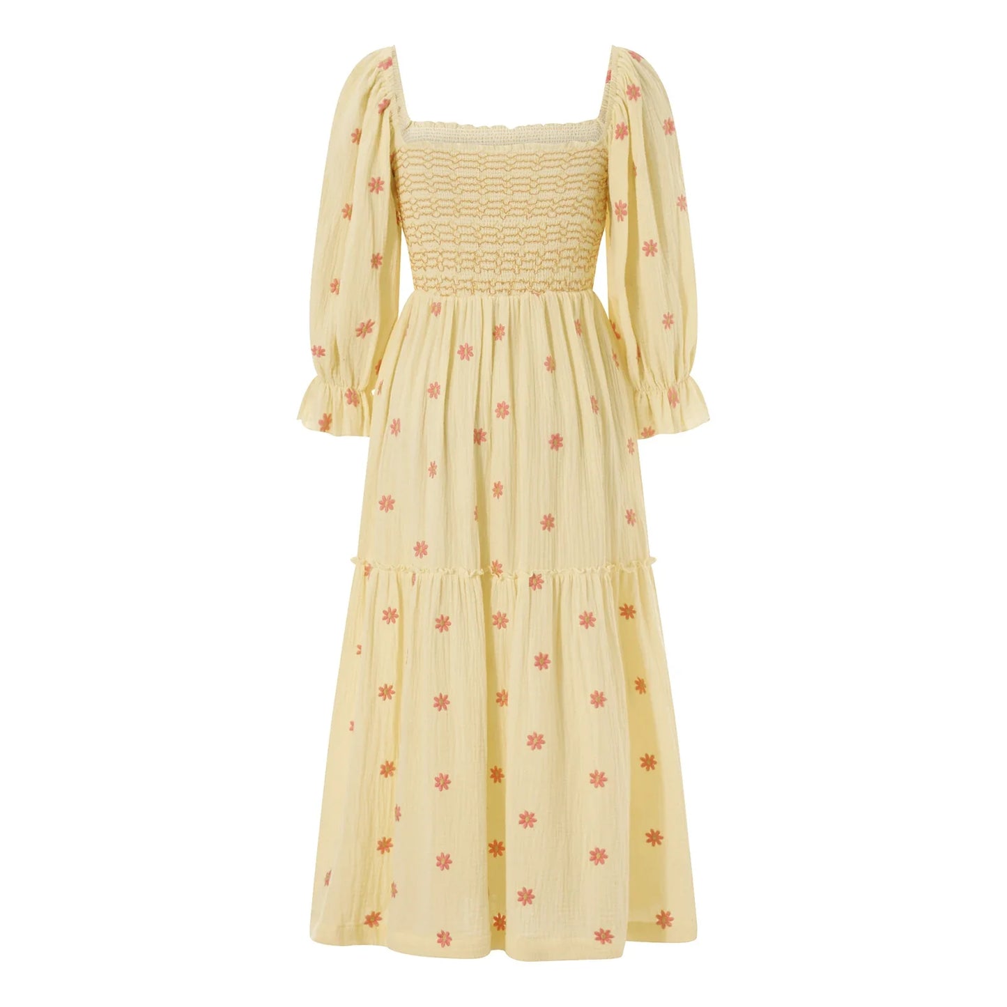 Women Spring Fall Long Dress Long Sleeve Dress Square Neck Embroidery Flower Loose Swing Dress Wit Pocket