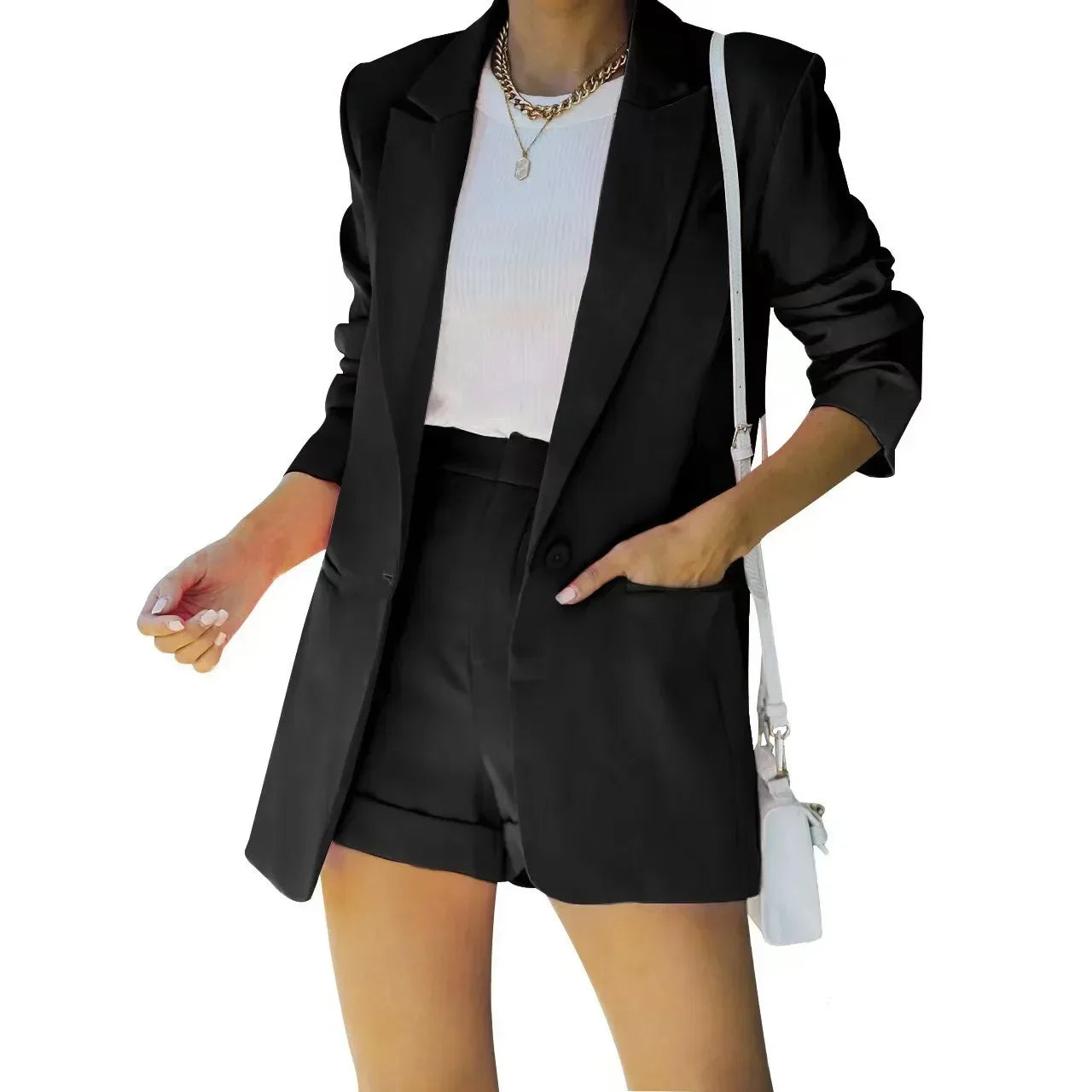 2026 Elegant Two Piece Blazer Suit Sets Women OL Office Sets Slim Cardigan Blazer Shorts Solid 2 Piece Set Casual Blazers Set