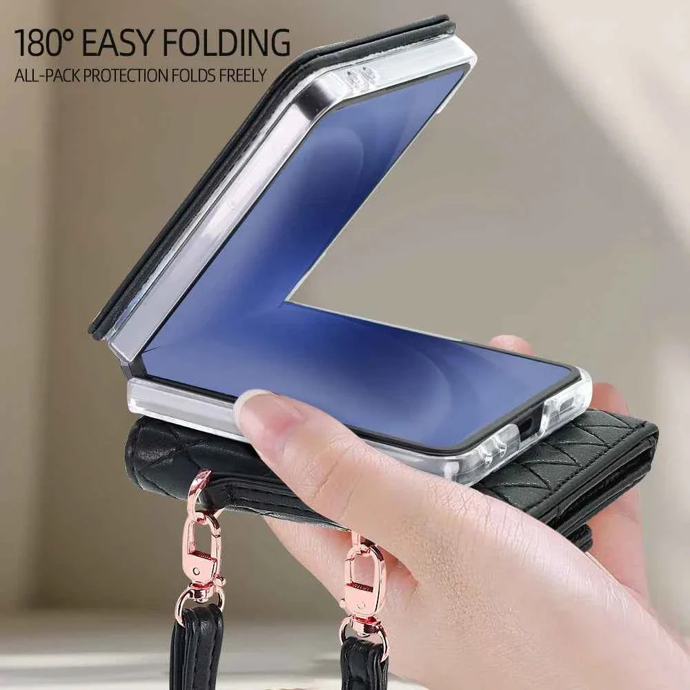 VIETAO Luxury Soft PU Leather Wallet Phone Case for Galaxy Z Flip 7/6/5/4/3 with Crossbody Strap - Durable Protective Cover