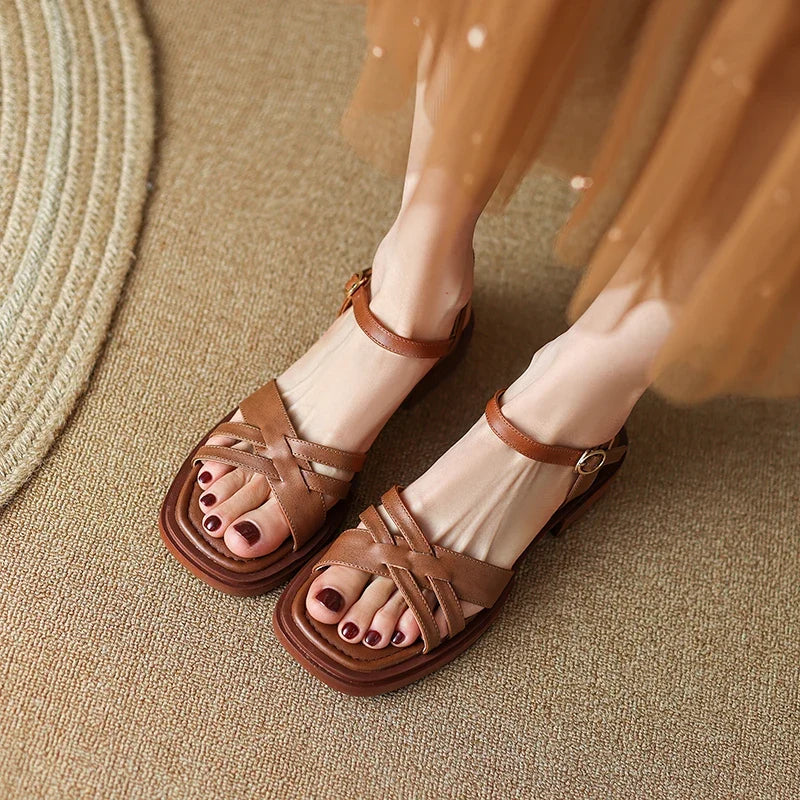 2025 New Summer Women Sandals Retro Genuine Leather Women Shoes Open Toe Low Heel Sandals Shoes for Women Brown Ladies Shoes