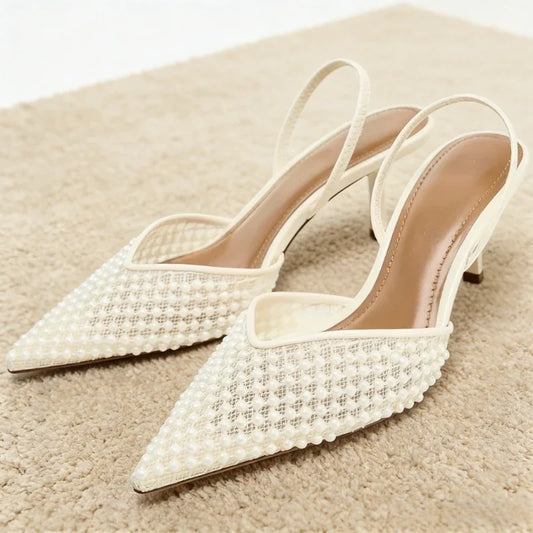 Mesh String Bead Brand Sandals Women Pumps Pointed Toe Elegant Slingback High Heels Female Designer Banquet Wedding Dress Shoes