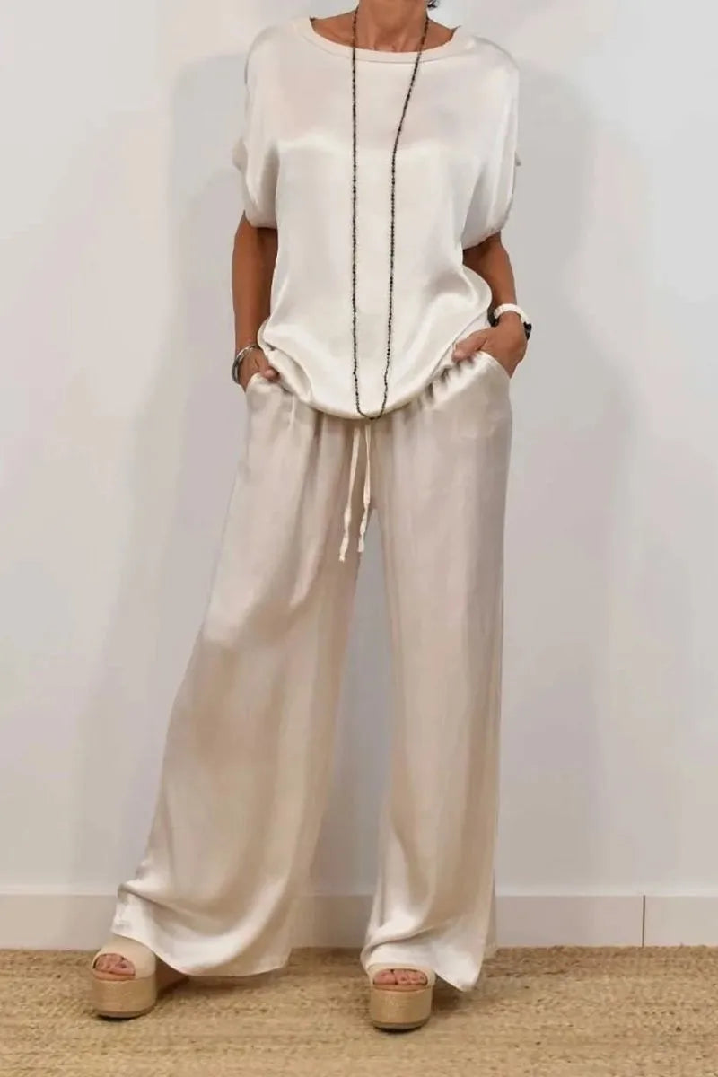 Simple Satin Women's Suits Summer Fashion Short sleeve Loose Blouse Wide Leg Pants Two Piece Set For Women Casual Outfits