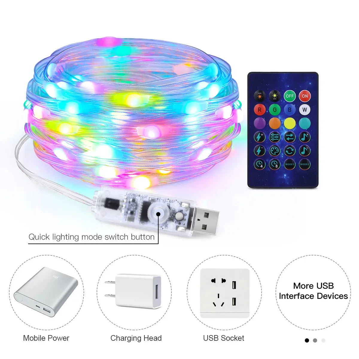 RGB IC Luces de cadena inteligentes DIY LED Luces de hadas programables WS2812B Guirnalda USB Decoración para el hogar, dormitorio, Navidad, boda