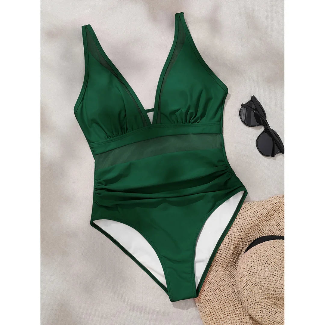 S - XL New Sexy Mesh Sheer V Neck Women Swimwear One Piece Swimsuit Female High Leg Cut Monokini Bather Bathing Suit Swim V5136