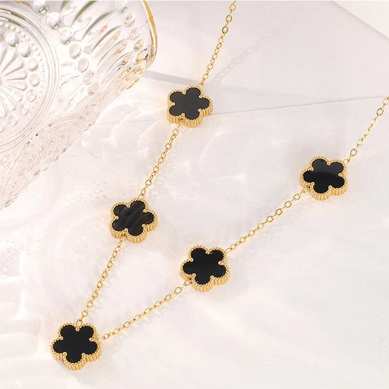 14K Gold Plated Stainless Steel Necklace Woman Five Leaf Petals Double