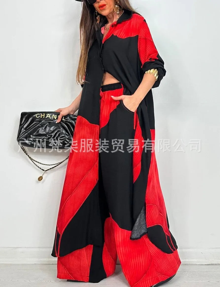 Fashion Loose Printed Long Sleeve 2-piece Set Women's Single-breasted Cardigan Robe Wide-leg Pants Casual Two-piece Outfit Woman