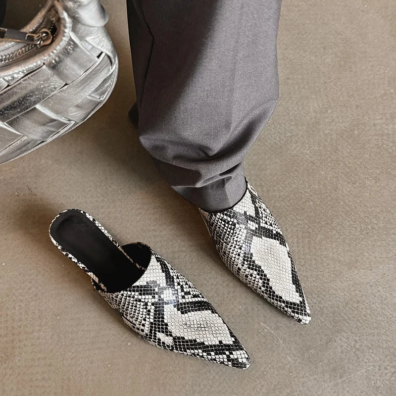 2025 New Mueller Slippers Genuine Leather Women Shoes Sexy Pointed Toe Summer Shoes Ladies Snake Pattern Black White Party Shoes