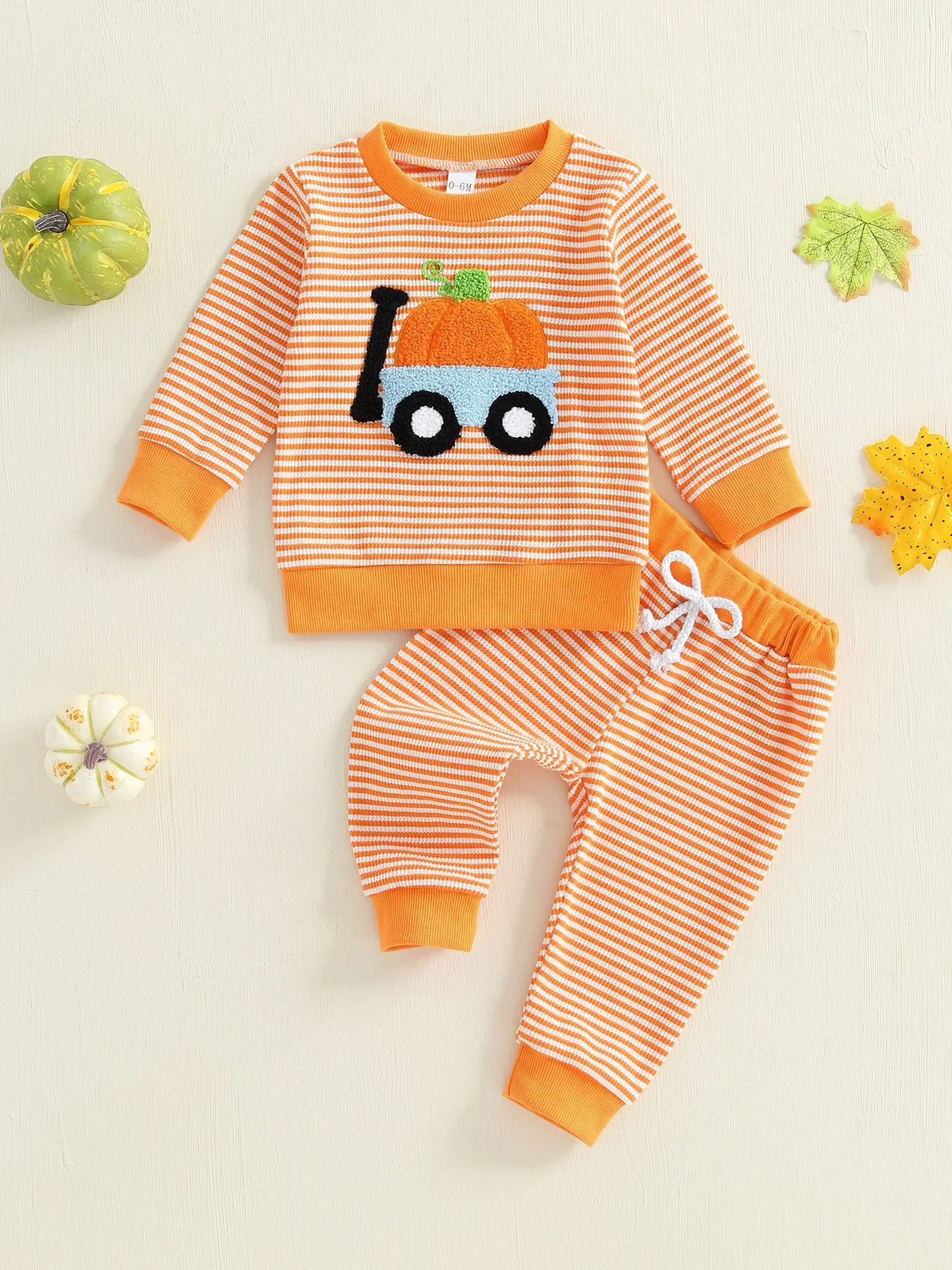 Baby Toddler Boy Girl 2Pcs Halloween Outfit Pumpkin Embroidery Boo Ghost Striped Long Sleeve Top and Elastic Jogger Pants Set