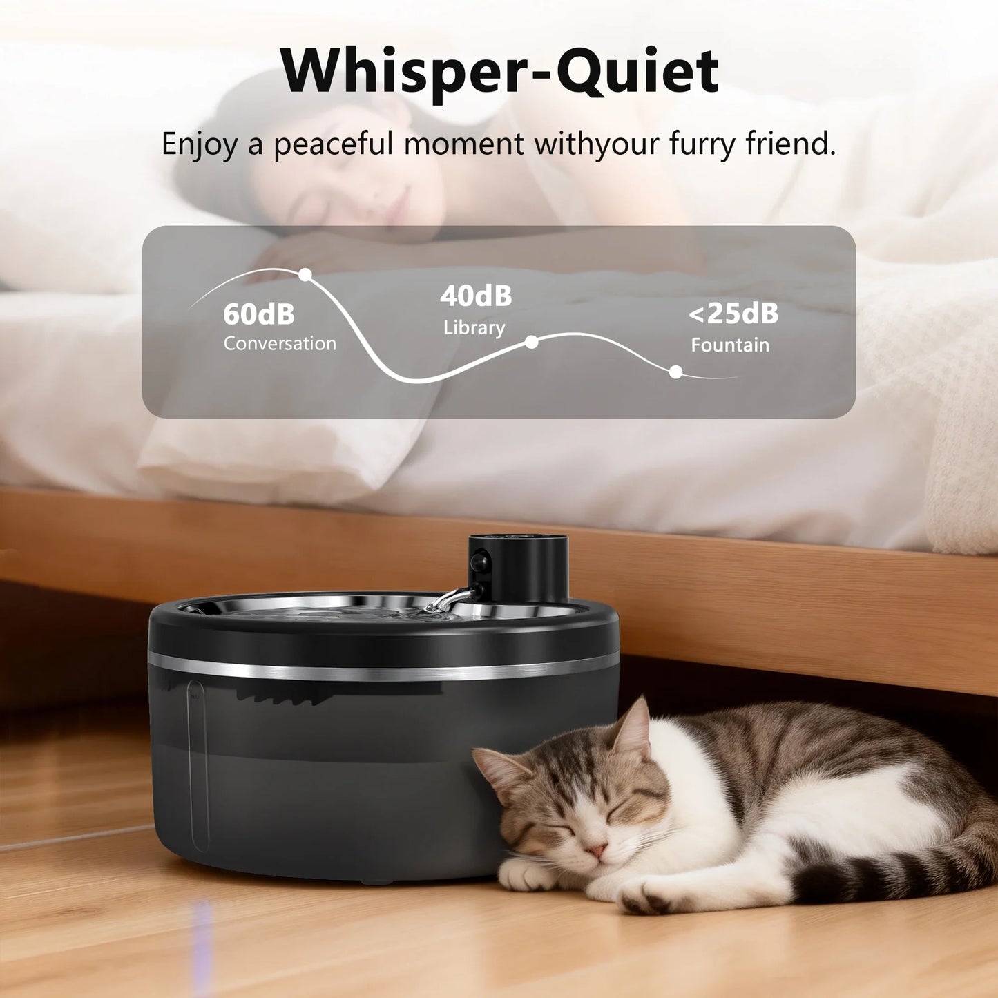 3L Wireless Cat Water Fountain Mute Pet Water Dispenser With Stainless Steel Tray and Intelligent Sensing, 4000mAh Large Battery