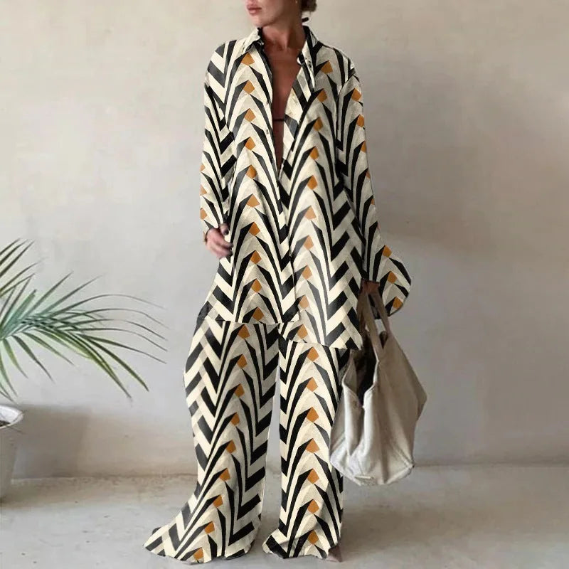 Spring Autumn Fashion Sets Women Long Sleeve Lapel Printed Casual Elegant Beach Loose Wide Legs Trousers Ladies Two Piece Suits