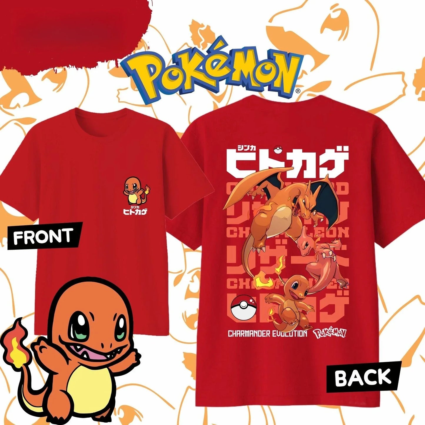 2025 Summer Pokémon Anime CHARMANDER 100% Pure Cotton Printed T-shirt Men Y2K Harajuku Loose Casual Versatile Short-sleeved Top