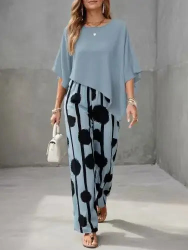 2026 Spring Summer New Comfort Crew Neck Short Sleeve Striped Print Wide Leg Pants 2-Piece Outfit Set