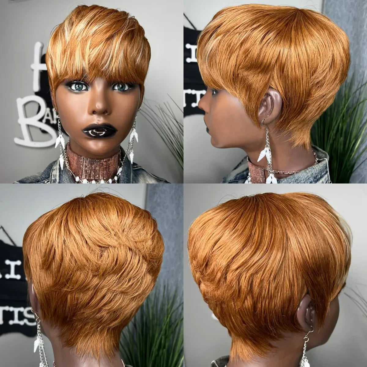 WIGERA Pelucas sintéticas destacadas Corto Liso Pixie Cut Peluca Bob Pelo Dorado Miel Mezcla Negro Cabello para Mujer