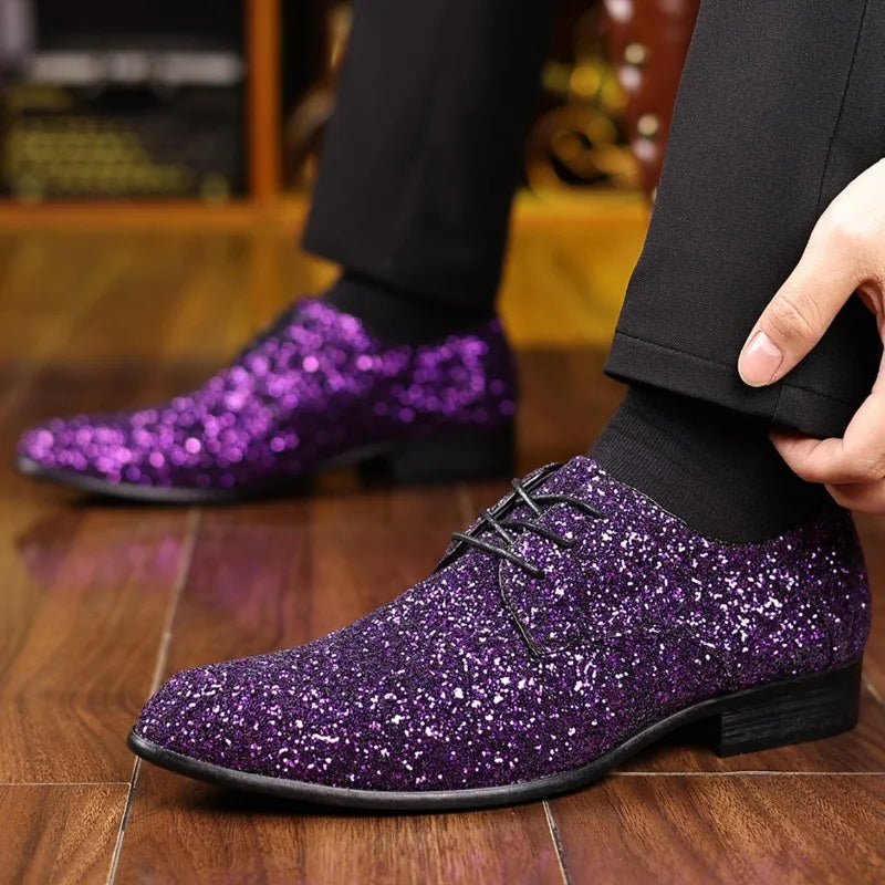 Luxury Men Dress Shoes Gold Silver Sequin Wedding Shoes High Quality Lace-Up  Oxford Shoes Fashion Designer Men Flats Large Size