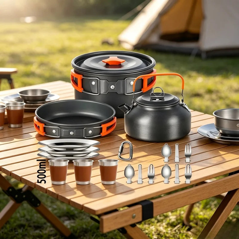 2-3 Person Non-Stick Camping Cookware Set, Portable Outdoor Picnic Travel Tableware with Teapot