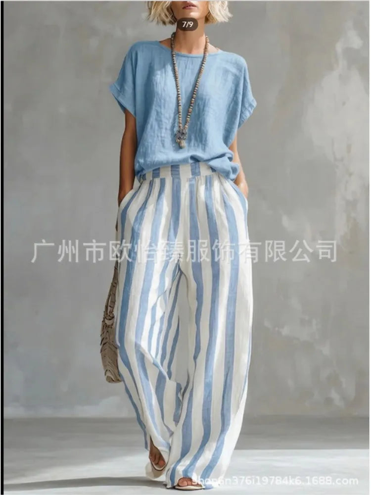 Fashion Linen Printed Striped Trousers Short-sleeved Women 2piece Set Summer New Retro Loose Wide-leg Trousers Female Casual Set