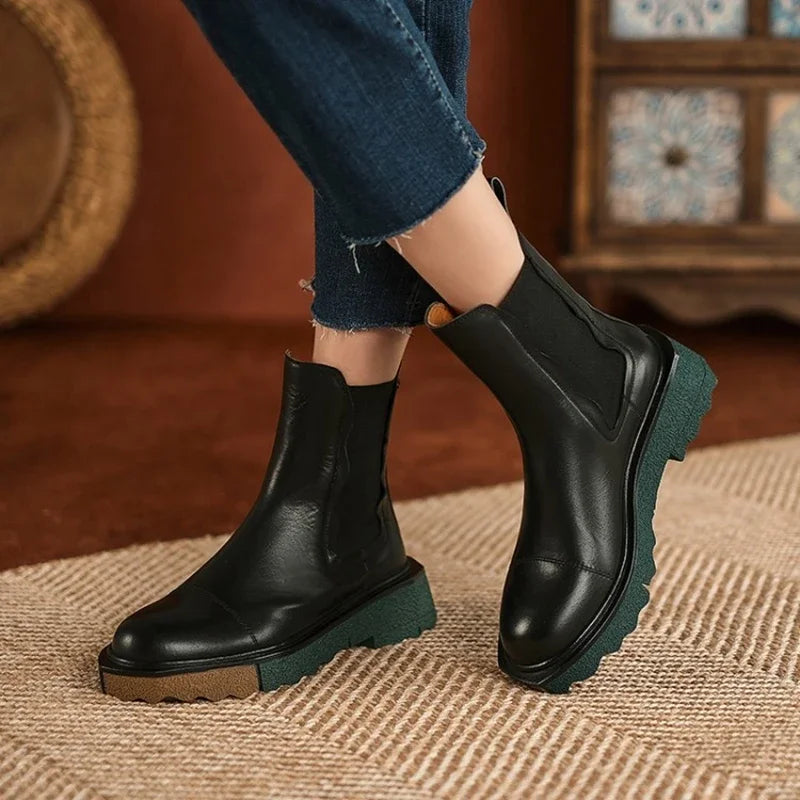 HOT SALE Autumn/Winter Women Boots Roend Toe Chunky Heel Shoes Chelsea Boots Genuine Leather Shoes for Women Flat Women Shoes
