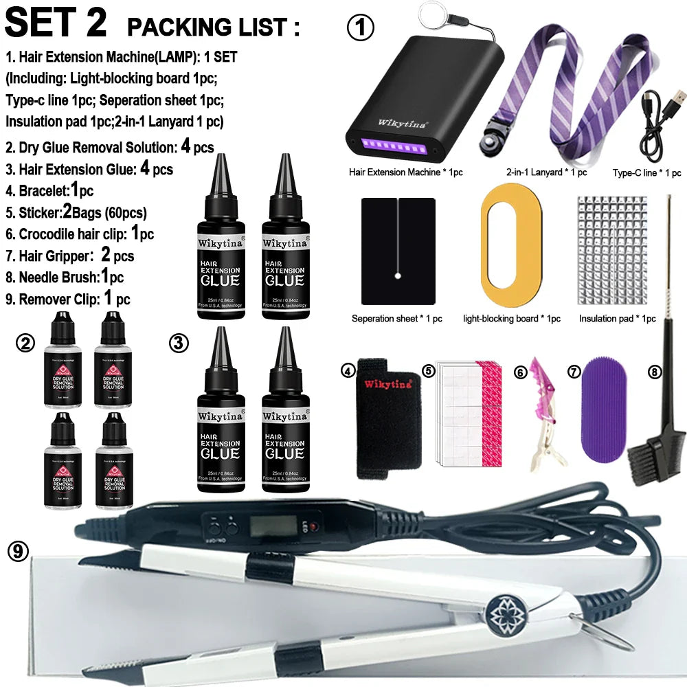 Wikytina Professional Hair Extensions Kit With UV Light V Light Tools