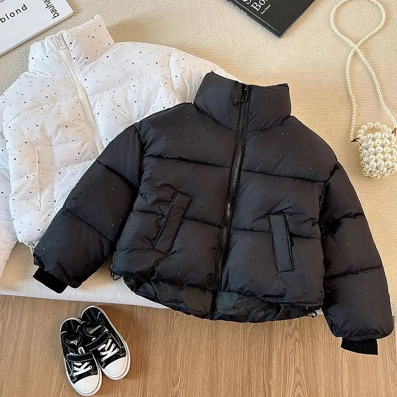 2025 Winter Girls Rhinestone Puffer Jacket Korean Star-Studded Fashion Coat Glitter Zip-Up Quilted Down Jacket