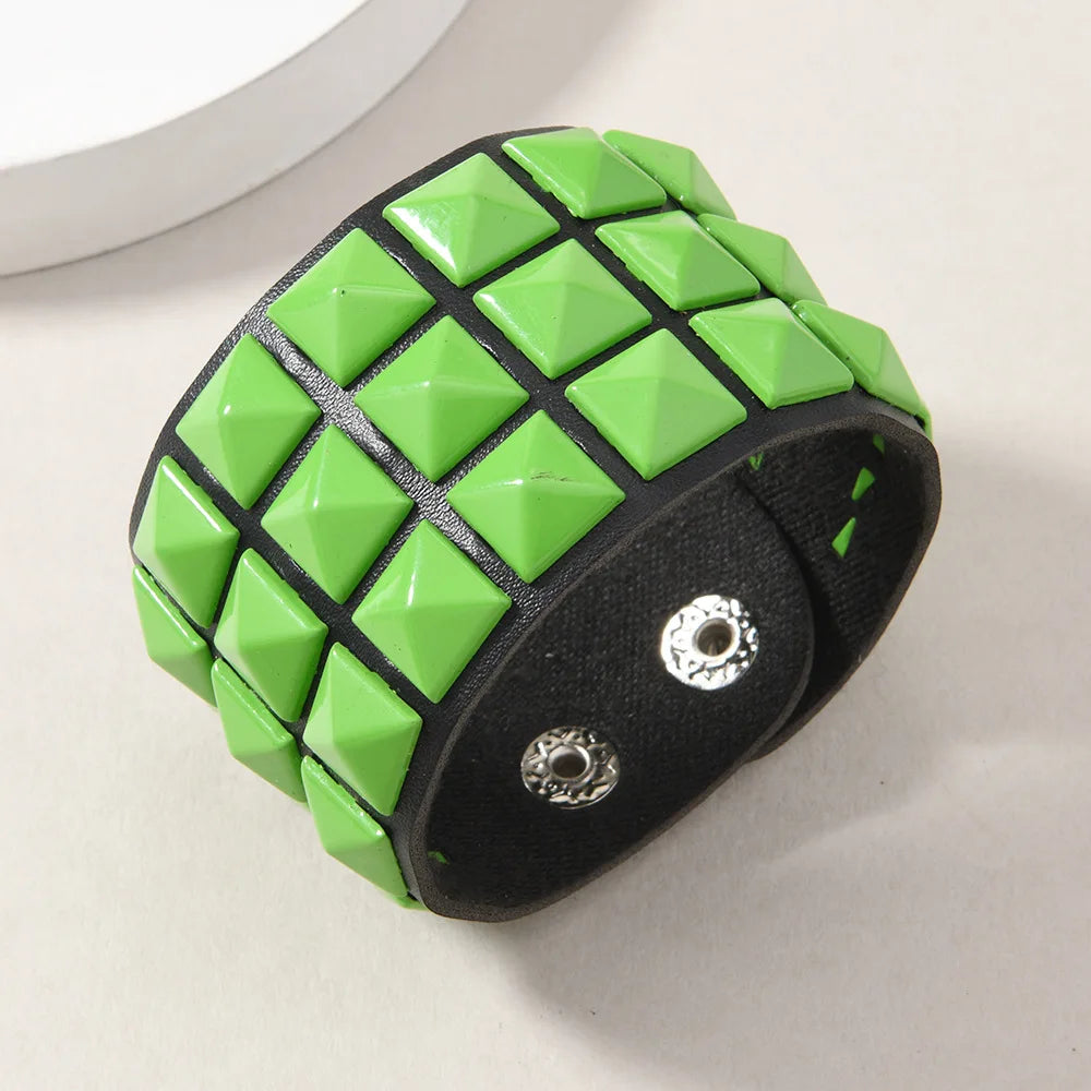 18 Color Punk Hip-Hop Three Rows of Square Rivets PU Leather Big Wide