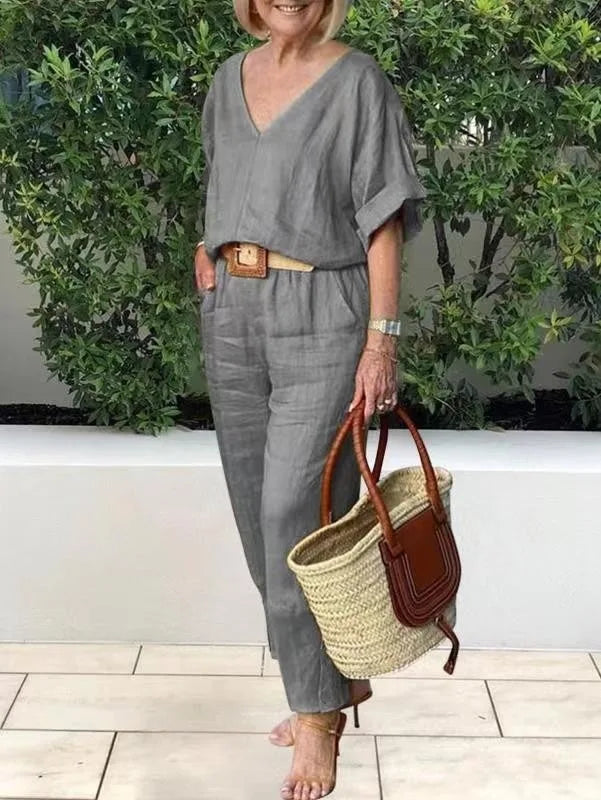 2 piece sets women outfit Women Suits Gray V-neck Short Sleeve Tops Wide Leg Pants Loose 2-piece Set Women Casual Women Clothes