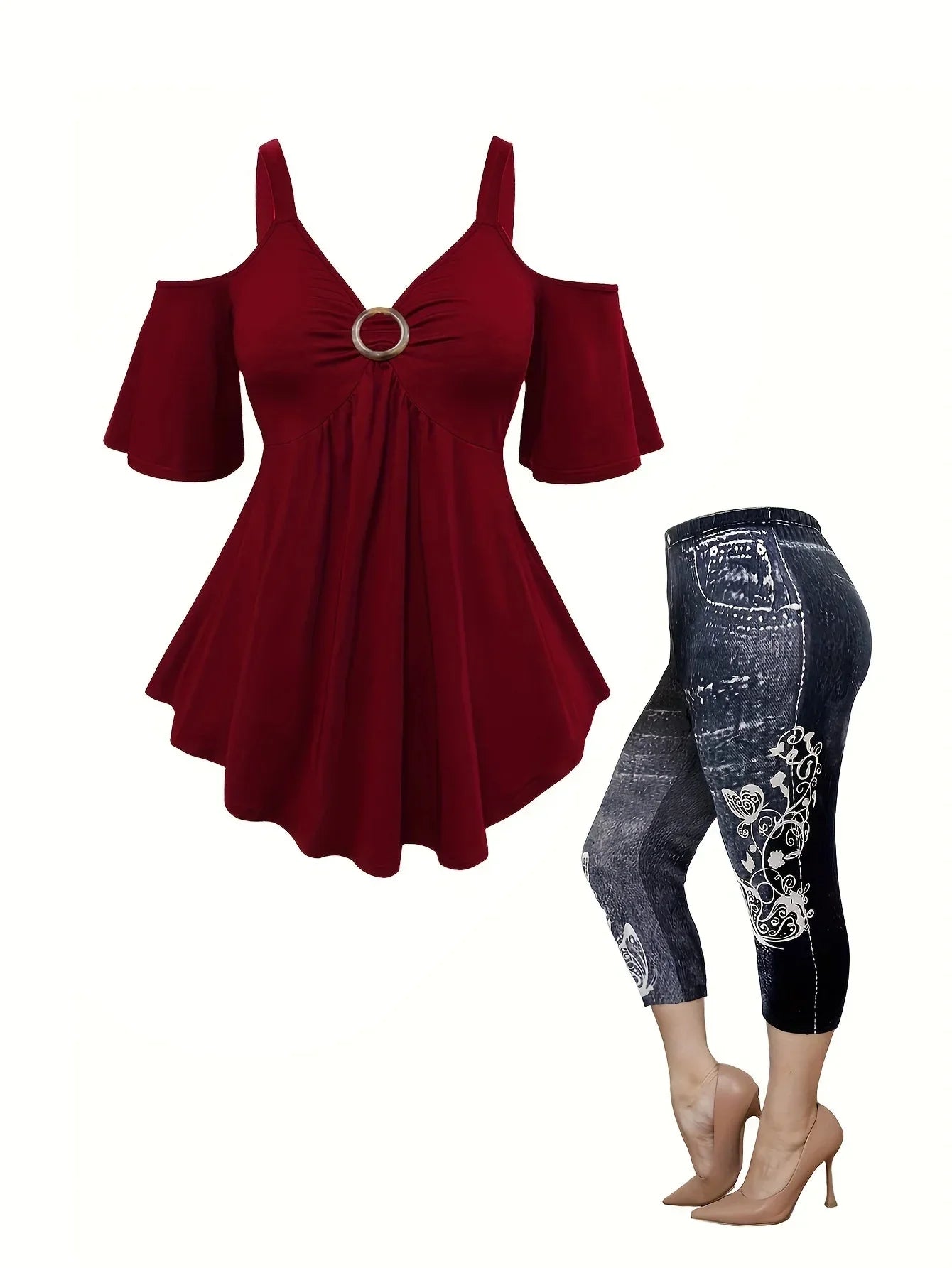 Plus Size Plus Size Ladies Shoulder Bared Fashion Denim Printed Pants Casual Slimming Two Piece Set Polyester Fiber from Main...