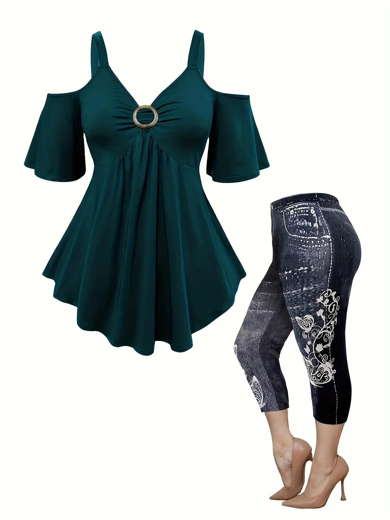 Plus Size Plus Size Ladies Shoulder Bared Fashion Denim Printed Pants Casual Slimming Two Piece Set Polyester Fiber from Main...