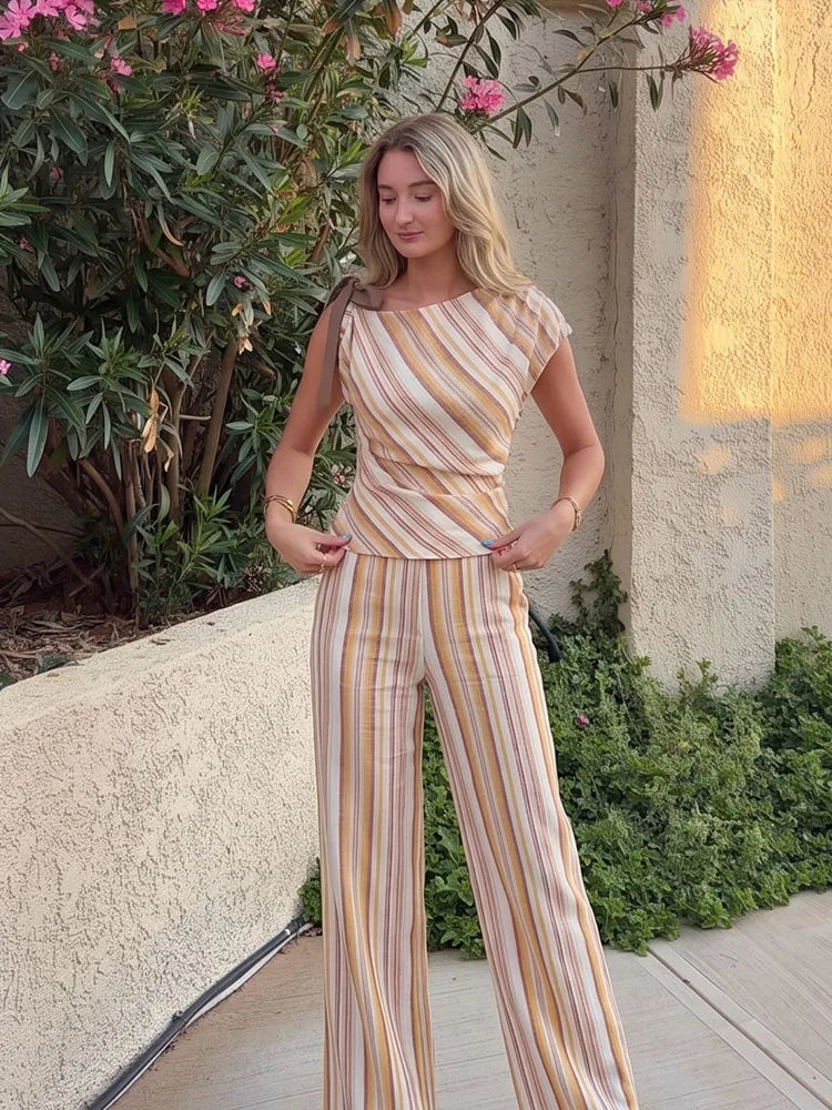 HH Women Summer Elegant Striped 2 Piece Outfit One Shoulder Top Wide Leg Pants For Dinner Date Party Vacation Holiday Wear
