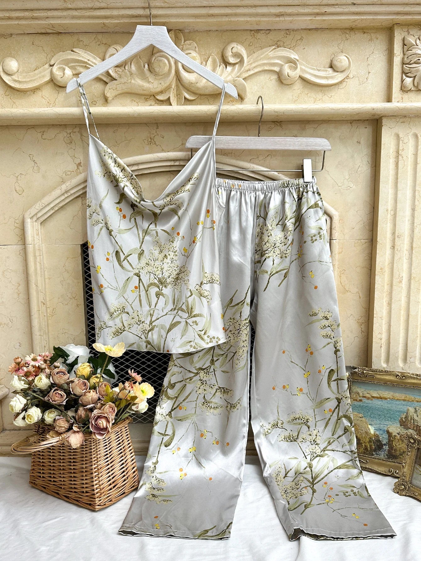 Small Cherry Print Pajamas Set Spring Summer Halter Pants Two Piece Thin Home Wear Women