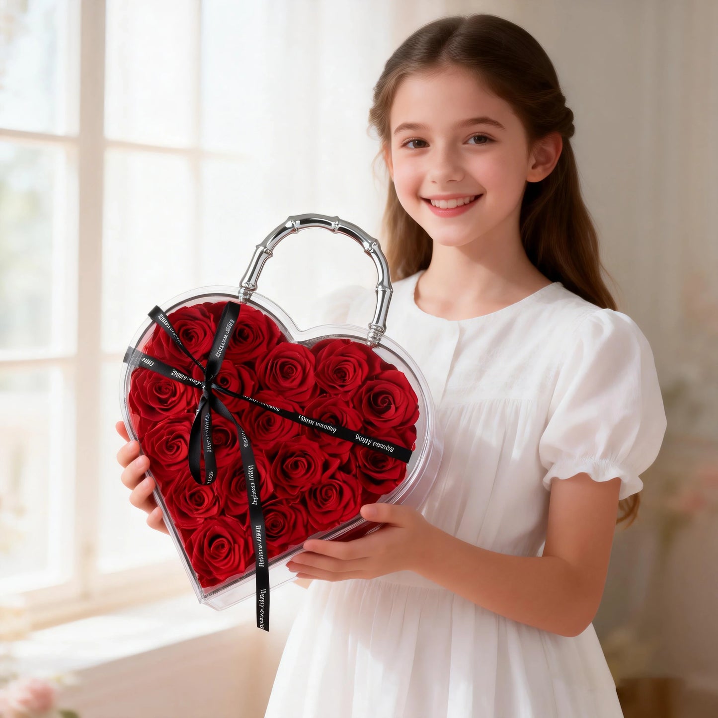 18 Preserved Roses in Heart Acrylic Display Case with Handle, Home