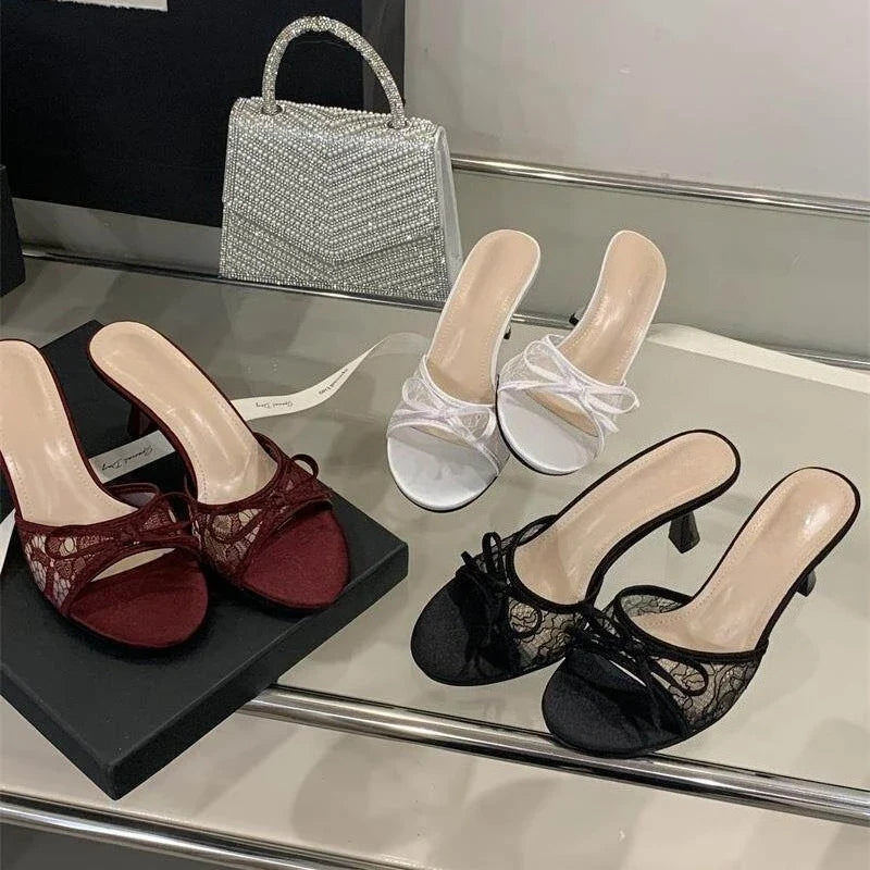 Summer Women Net Butterfly-knot Slippers Fashion Cover Pointed Toe Slip On Mules Shoes Thin High Heel Ladies Elegant Slides Pump