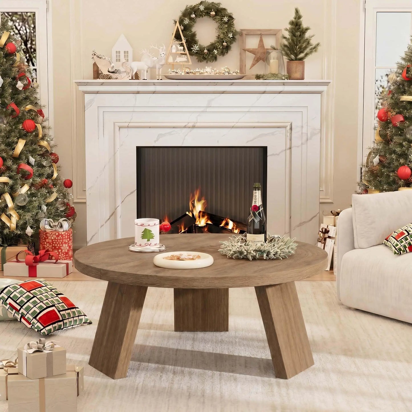33.5 Inch Round Coffee Table For Living Room, Modern Center Table With Wood Grain Top and Angled Legs For Apartment