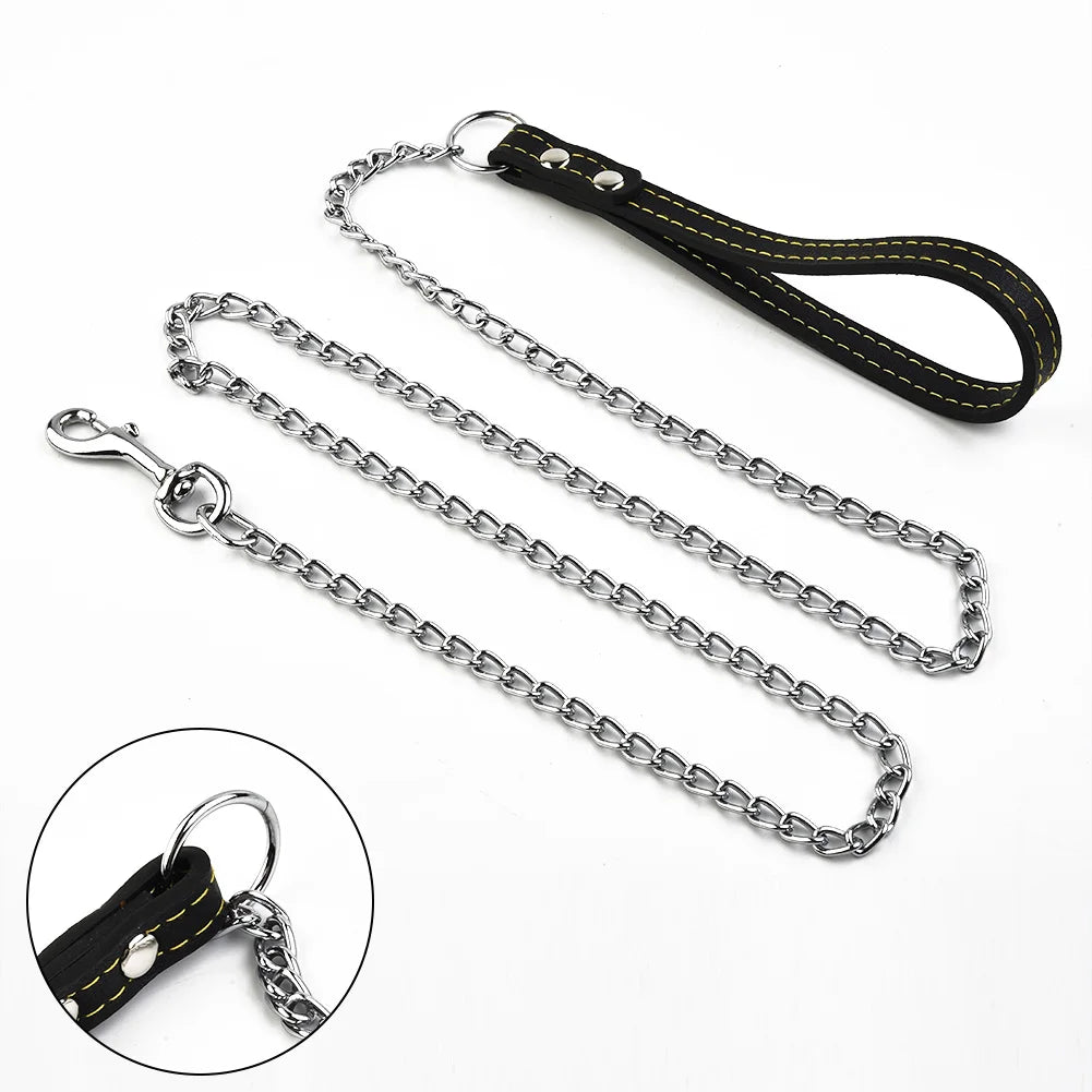Metal Chain Dog Lead with Leather Style Handle Strong Control Leash Iron Dog Pets Supplies Collars Harnesses Chain Traction Rope